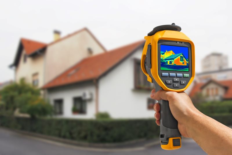 Infrared heat reader pointed at a house, indicating a cold roof, showing signs of poor insulation.